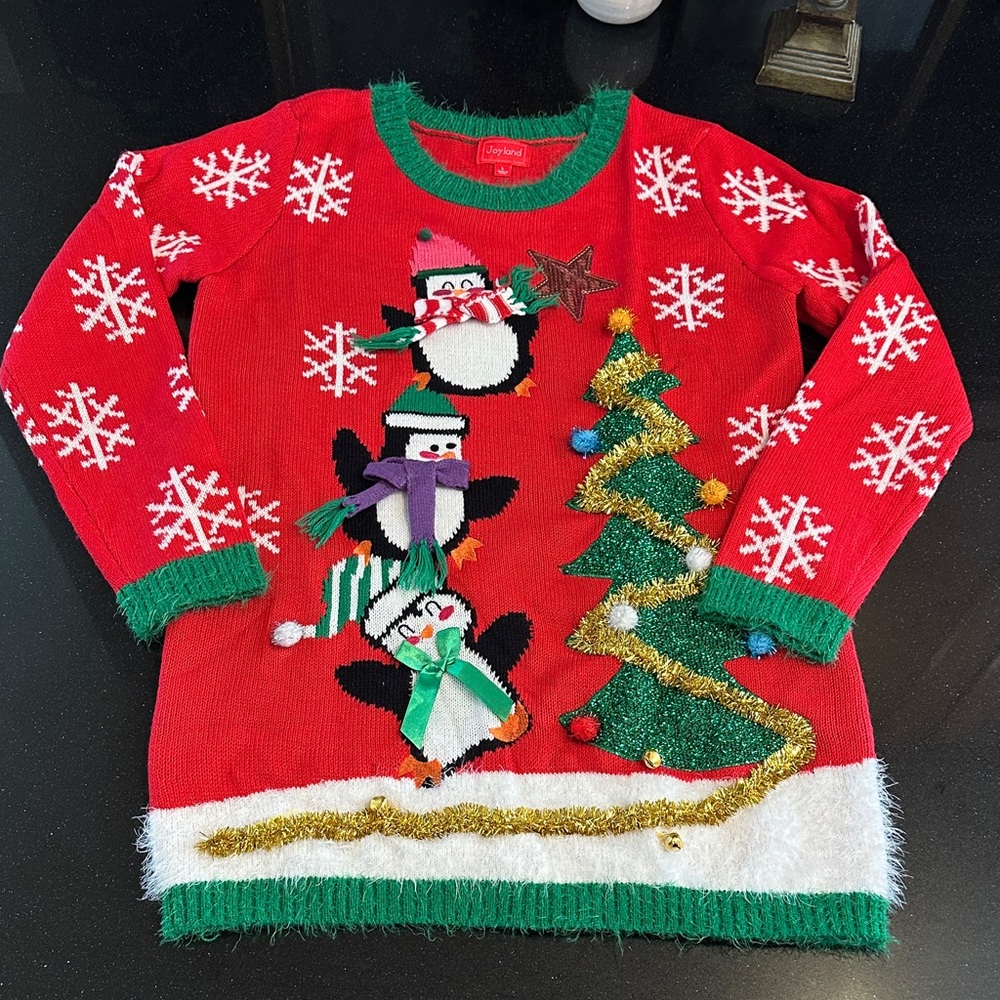 Festive Red Christmas Sweater with Penguins and Tree (Size: Lg, Fits like Small)
